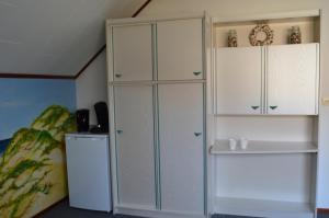 东卡佩勒De strandkamer的一间设有白色橱柜和冰箱的客房