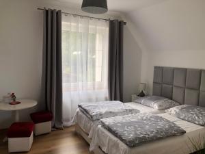 杜什尼基-兹德鲁伊Noclegi pod kasztanem的一间卧室设有一张大床和一个窗户。