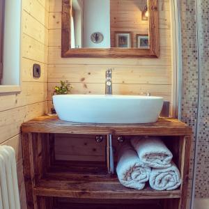 奥萨纳I Larici Camping Lodge的浴室设有水槽和木制梳妆台上的毛巾