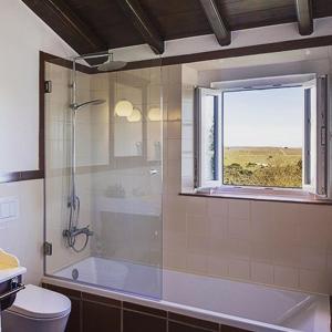 埃尔瓦斯Hotel Rural Monte da Provença的带淋浴和卫生间的浴室以及窗户。