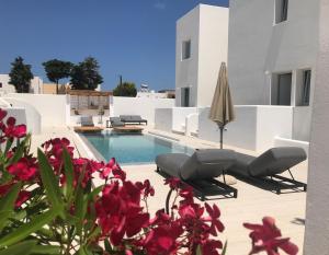 纳乌萨Quartano Luxury Cycladic Residence, Adults Only (13+)的别墅 - 带游泳池和一些粉红色的鲜花