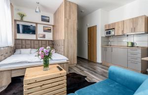 捷克布杰约维采Modern fully equipped studio with parking Zavadilka 2620的小型公寓 - 带床和蓝色沙发