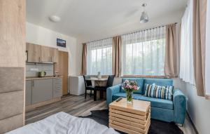 捷克布杰约维采Modern fully equipped studio with parking Zavadilka 2620的一间带蓝色沙发的客厅和一间厨房
