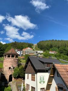 巴特维尔德巴德蒂洛旅馆的享有城堡小镇的景色