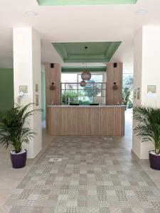 古维亚圣尼古拉斯酒店的大堂设有前台和两株盆栽植物