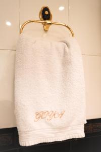 萨拉曼卡Hostal Goya Suites的浴室毛巾架上的毛巾