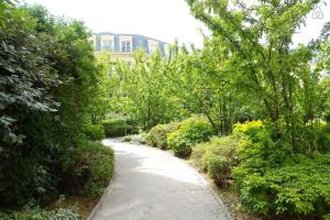 谢西Apartment in Chessy very near Disneyland的穿过树木和灌木的花园的路径