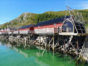 莱克内斯Lofoten Basecamp的水体上的桥梁上的火车