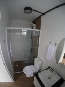 佩尼亚Vila Container的带淋浴、卫生间和盥洗盆的浴室