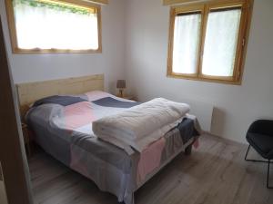 Mont-SaxonnexChalet neuf 6 personnes的一间卧室设有一张床和两个窗户。