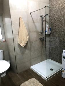 卢加Luqa Apartment - 5 mins from Airport的浴室里设有玻璃门淋浴