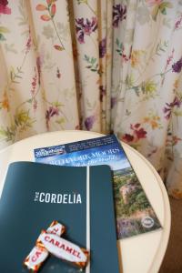 斯卡伯勒科迪莉亚酒店的一张桌子,上面放着一盒巧克力和一本书