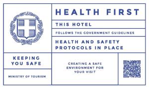 斯卡拉Hotel Poulakis的一套四种标签,先是健康,这家酒店遵循政府的健康准则