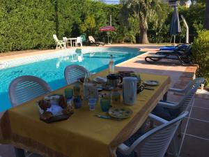 昂蒂布Villa Alessia的游泳池旁的餐桌上放着食物