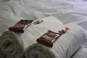黑诺拉1-Bedroom Apartment with Sauna的床上一双带玫瑰的折叠毛巾