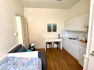 斯海弗宁恩Basic Little House Scheveningen的小型公寓 - 带小厨房和桌子