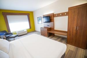 安大略安大略快捷假日&套房酒店的一间酒店客房,配有一张床和一台电视