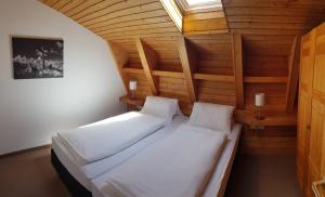 蒂罗尔-泽费尔德Landhaus Scherl的木制客房内的一间卧室配有两张床