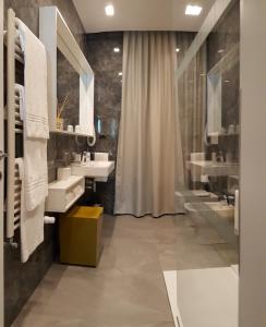 米拉波皮酒店的一间带两个盥洗盆和淋浴的浴室