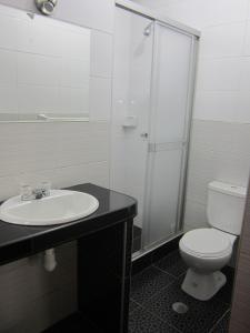 特鲁希略Hotel Plaza Trujillo的浴室配有卫生间、盥洗盆和淋浴。