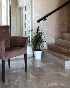 大格拉迪什泰Panorama apartments的楼梯间里的一个椅子和植物