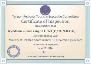 仰光Wyndham Grand Yangon的符合区域旅游执行委员会证书的调查证书