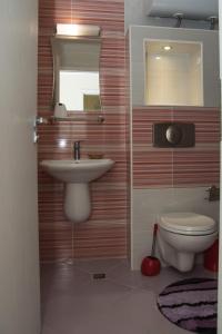 圣弗拉斯Луксозен апартамент Свети Влас Вила Аристо的一间带水槽、卫生间和镜子的浴室