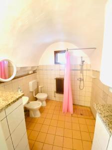 卡斯特里尼亚诺德尔卡波Corte Maggiore的一间带卫生间和粉红色毛巾的浴室