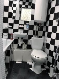 哈尔科夫Сдам посуточно однакомнатную квартиру的黑白浴室设有卫生间和水槽