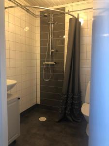 莫拉Mormors vrå的带淋浴和浴帘的浴室