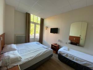 宰斯特CoronaZeist-Utrecht NL的酒店客房,配有床和镜子