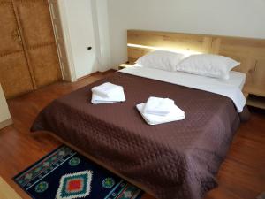康斯坦察Villa Dumbrava Rosie的一间卧室配有一张大床和两条毛巾