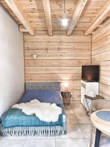 下乌斯奇基Fajna Chatka的一间带木墙的卧室和一张带电视的床