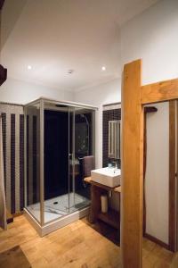 马希库Modern & Recycled Guest House的一间带玻璃淋浴和水槽的浴室