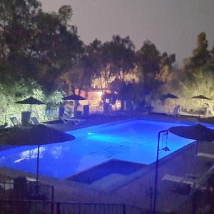 索维拉Camping & Hôtel Le Calme的夜间带遮阳伞的大型蓝色游泳池