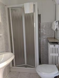 安科纳多里考酒店的带淋浴、卫生间和盥洗盆的浴室