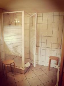 克劳斯多夫拉德万德维格菲尔恩豪斯酒店的带淋浴的浴室和2张凳子