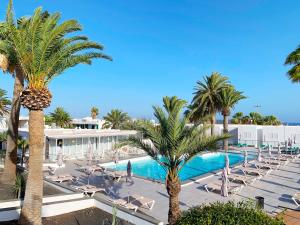 卡门港多拉多竞技场公寓酒店的一个带游泳池、棕榈树和椅子的度假酒店