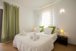 圣弗朗西斯科哈维尔VILLA Can Guillem d'es Puig的一间卧室配有两张带绿色和白色枕头的床