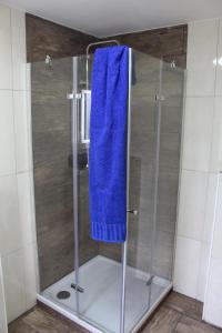 青斯特Ferienhaus „Strandhafer“的浴室里设有蓝色毛巾和淋浴