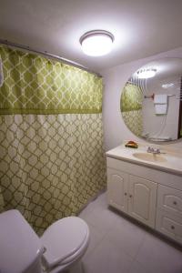 太子港理想别墅酒店的一间带卫生间、水槽和镜子的浴室