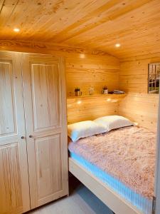 CiocăneştiLa Casuta din Ciocanesti Exclusive的小木屋内一间卧室,配有一张床