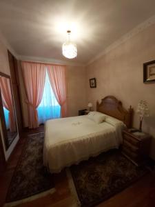 圣塞瓦斯蒂安罗雷亚旅馆的一间卧室配有一张大床和一个吊灯。