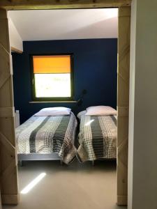 斯托尼拉斯奇BIELICE Chatka Trapera & Co的配有两张床铺的蓝色墙壁和窗户