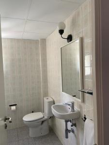 萨洛Hostal Porto Mar的一间带卫生间、水槽和镜子的浴室