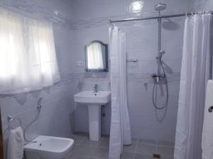 AmpeniCharlestina Beach Resort的白色的浴室设有水槽和淋浴。
