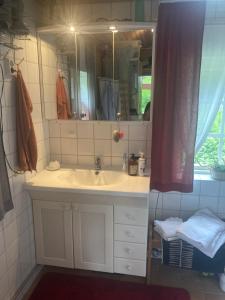 诺尔泰利耶Egen stuga med delat badrum的一间带水槽和镜子的浴室