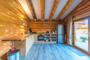 BriesenFerienidyll zur Spreeaue的小木屋内的厨房,配有冰箱