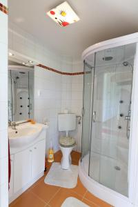 VestennöttingIdylisches Ferienhaus komplett im Grünen mit direkter Anbindung an den Thayatalradweg的浴室配有卫生间、盥洗盆和淋浴。
