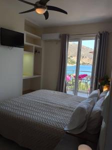 阿依亚埃夫菲亚巴拉斯公寓的一间卧室设有一张床和一个美景窗户。